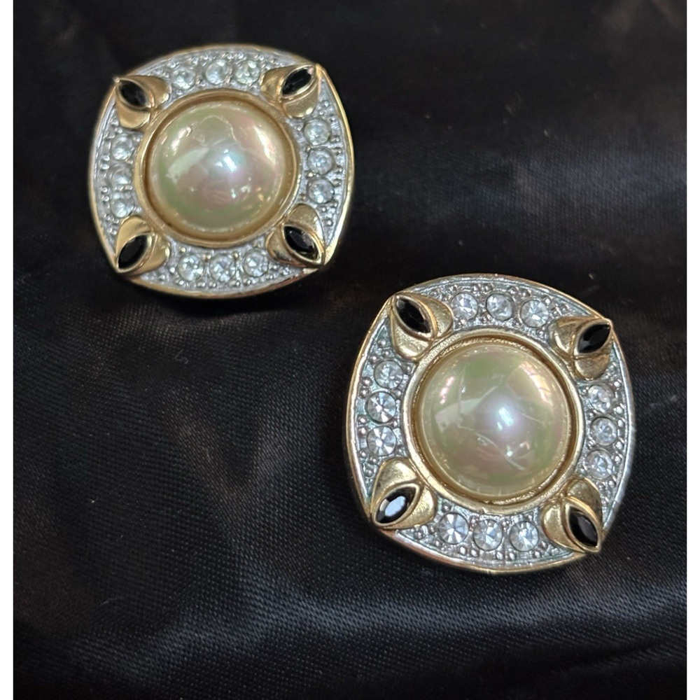 Vintage Carolee Faux Pearl Clip Earrings Rhinestones Ornate Jewelry Gold Tone 1"
